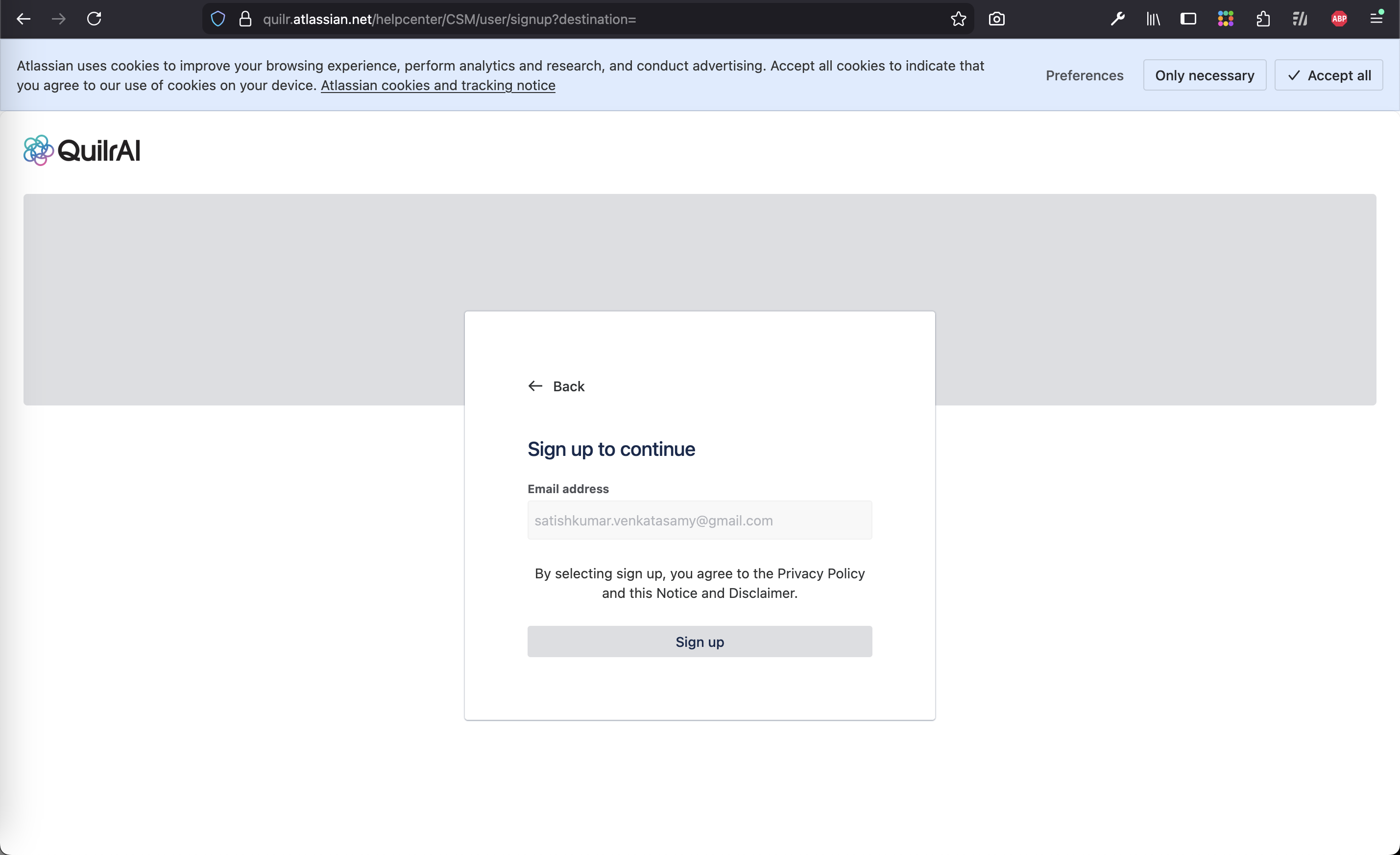 Customer signup page